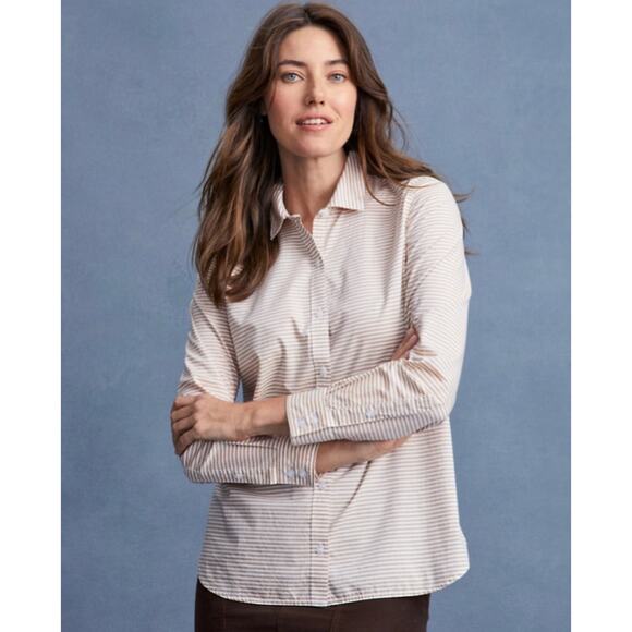 Garnet Hill Essential Cotton Shirt Women's 12 Long Sleeve Button Up Striped Pink - Picture 1 of 9